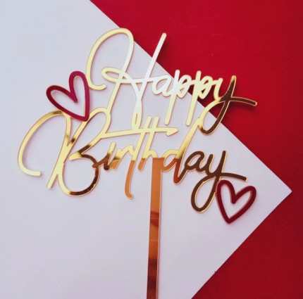 Golden happy birthday with small red hearts cake topper