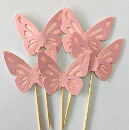 5 pcs Paper pink glitter butterfly topper set