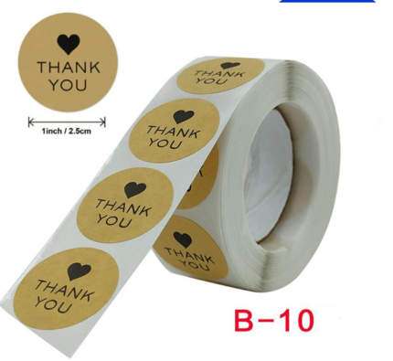 Brown thank you with heart Stickers Roll 1 Inch diameter 500 sticker roll