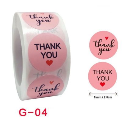 Pink Thank you with red heart Stickers Roll 1 Inch diameter 500 sticker roll