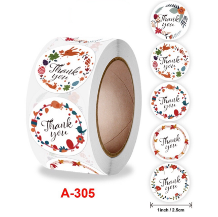 Colorful floral Thank you Stickers Roll 1 Inch diameter 500 sticker roll