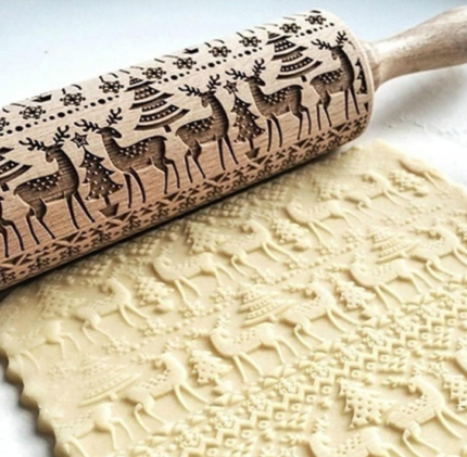 Reindeer Christmas tree Christmas theme Wooden Rolling Embossed Rolling Pin